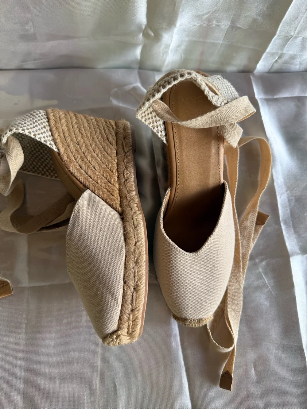 Mango Beige Canvas Espadrille Wedge Sandals with Ankle Wrap